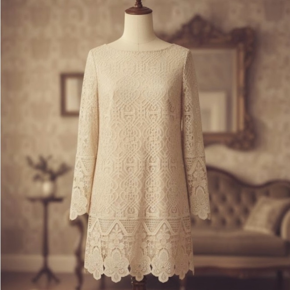 MELA LOVES LONDON ART DECO TUNIC LACE DRESS.BIEGE COLOR,
LONG SLEEVES